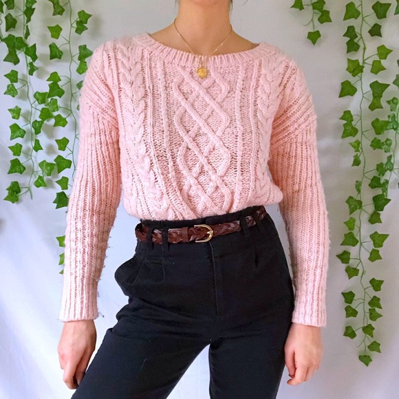 Pastel pink cable knit wool blend sweater - Picture 2 of 4